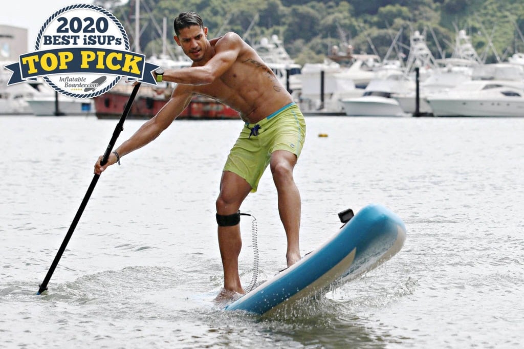 Man paddling a Bluefin Cruise SUP - a badge reads "2020 Best iSUPs TOP PICK"