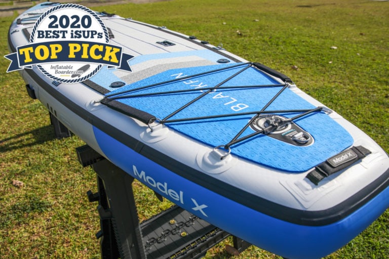 Blackfin Model X paddle board review - a badge reads "2020 Best iSUPS TOP PICK"