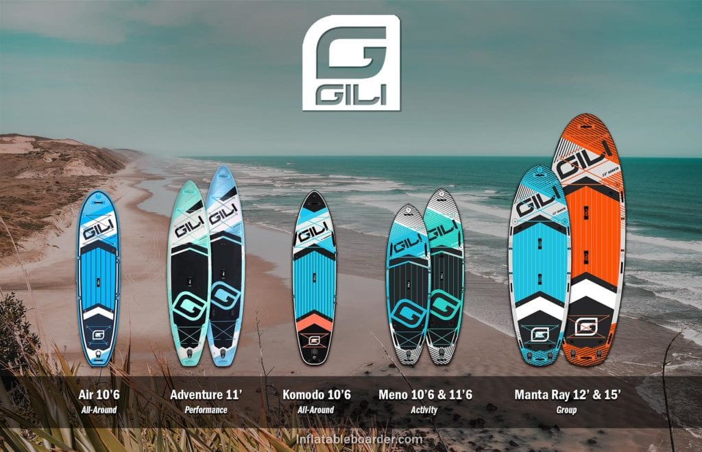 Gili Sports inflatable paddle boards include Air, Adventure, Komodo, Meno 10'6, Meno 11'6, Manta Ray 12', and Manta Ray 15'.