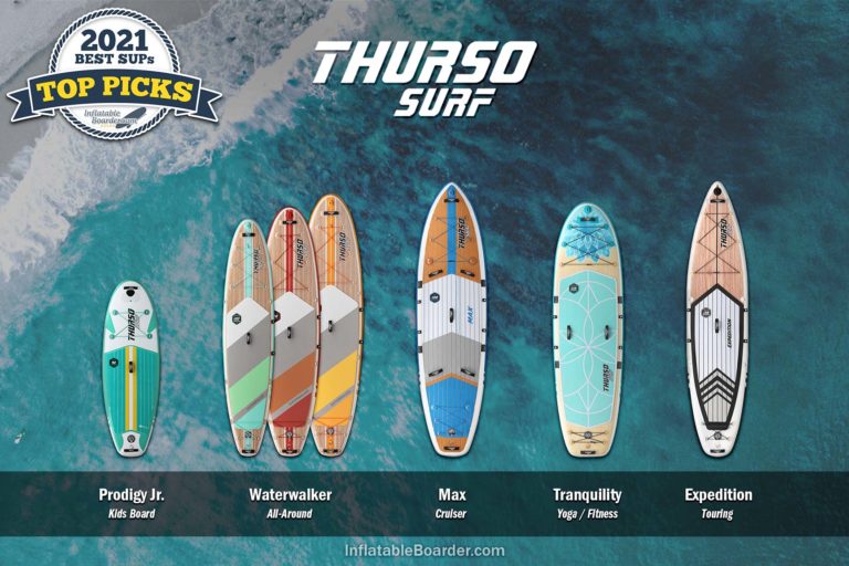 Thurso Surf inflatable paddle boards compared: Includes Waterwalker, Prodigy Jr., Max, Tranquility, and Expedition SUPs.