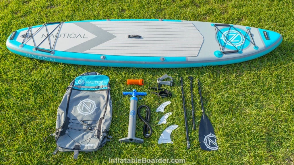The 2021 Natutical accessories include a bag, single-stage pump, repair kit, three fins, a SUP leash, compression strap, and paddle.
