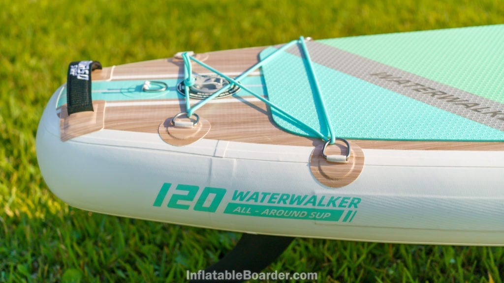 Rear of the board, featuring a small cargo area, inflation valve, leash d-ring, padded handle, and 120 Waterwalker All-Around SUP logo.
