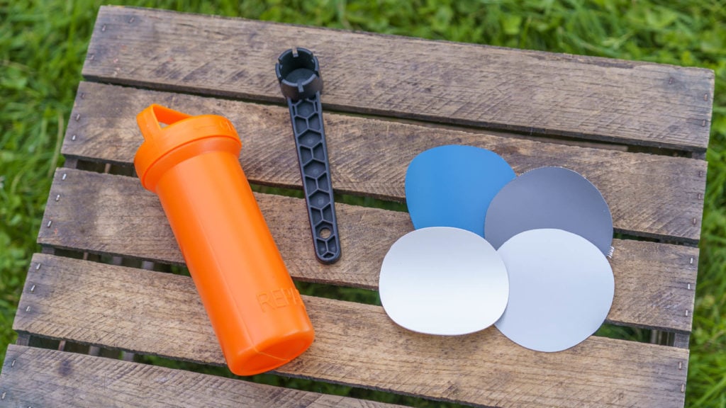 The repair kit includes 4 color-matched vinyl patches and a valve wrench.