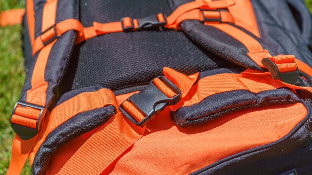 Detail of the well padded mesh wrapped waist strap, shoulder straps, and back padding.