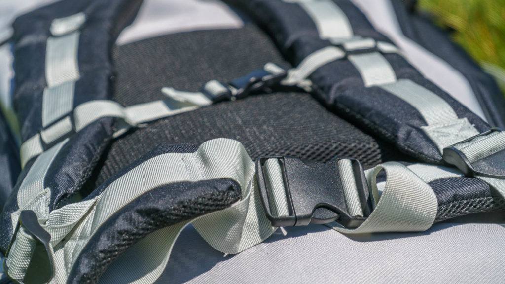 Detail of the well padded shoulder straps, waist straps, and back pad, which are covered in mesh for comfort.