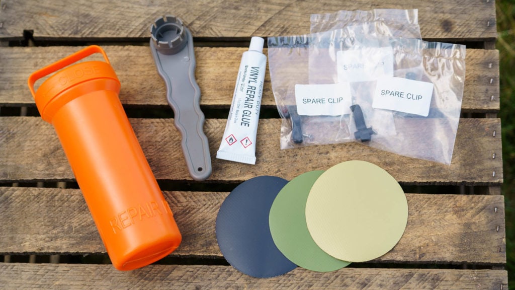 The repair kit includes 3 color-matched vinyl patches, vinyl repair glue, valve wrench, and 3 spare clips.