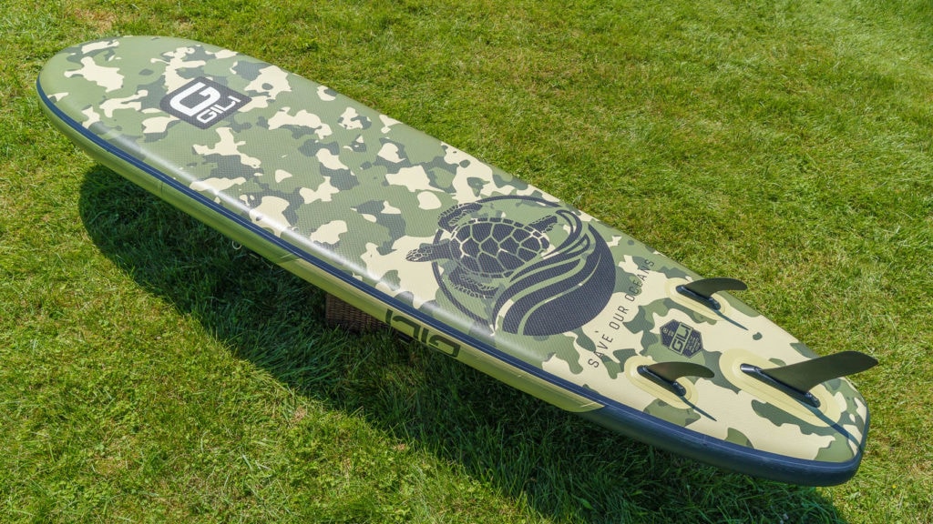 Overview of the bottom of the camo green 10'6 Air board.