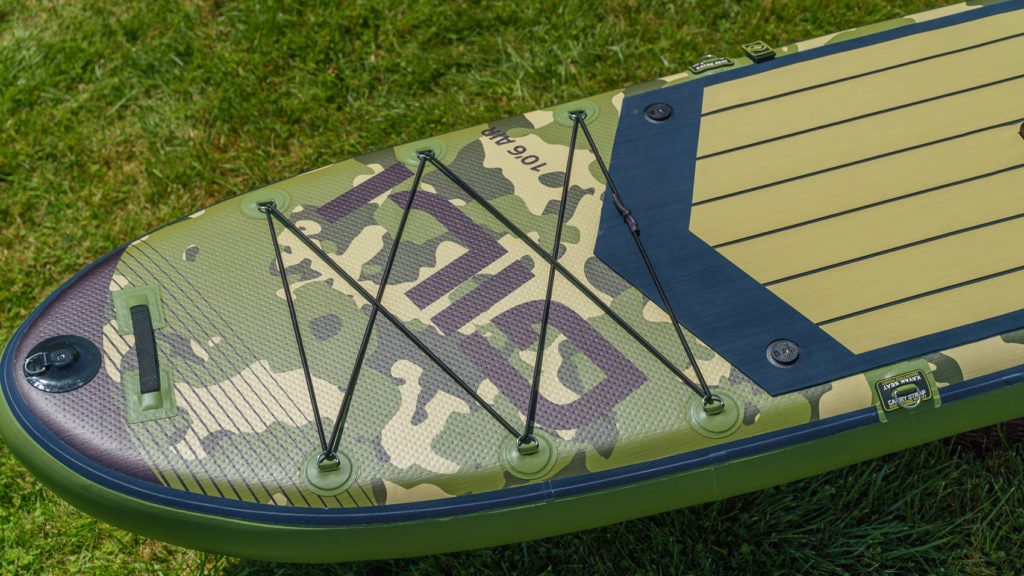 The front of the camo Air 10'6 includes nose action mount, handle, cargo area, 2 mid action mounts, and 2 spare d-rings.
