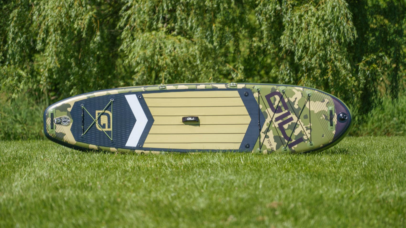 Top of the camo green GILI 10'6 air, featuring 3 handles, 2 bungie cargo areas, 3 action mounts, and 7 extra d-rings.