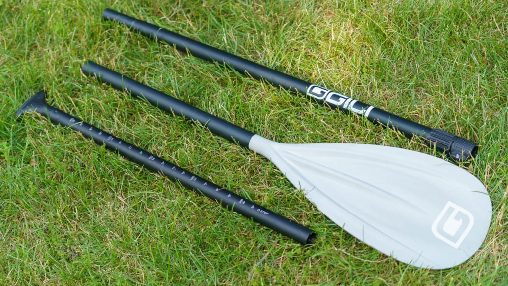 The three piece paddle has an aluminum shaft and plastic blade.