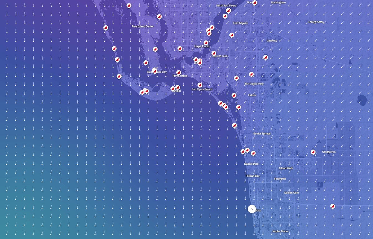 Wind condition map showing offshore winds